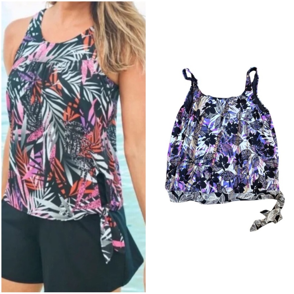 Swimsuits for All NWT White Purple Tropical Print Side Tie Blouson Tankini Top